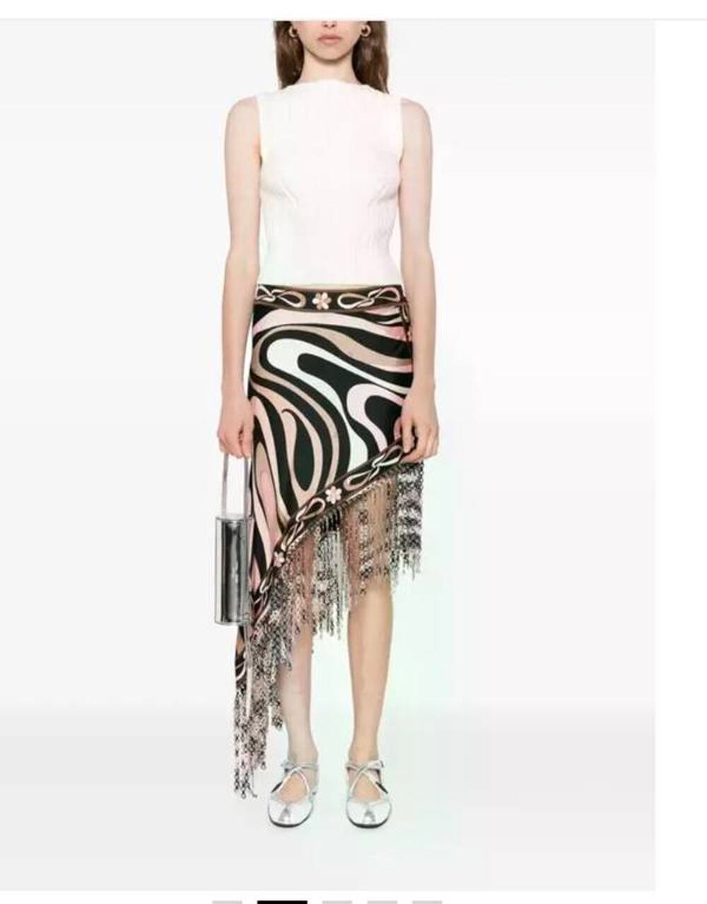 PUCCI Runway Sequin Fringed Asymmetric Skirt in Nero Nude IT 42 M
